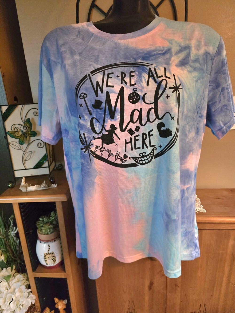 Tie-Dye Graphic Tee "We're All Mad Here" - Pastel Blue Pink Purple Size XL